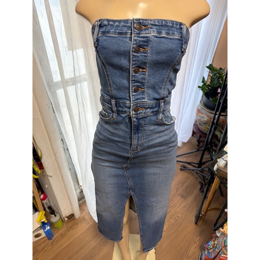 American Eagle Strapless Denim Midi Dress Medium Wash Button Front Size 2